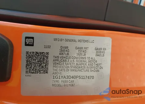 2023 Chevrolet Corvette Stingray Rwd 1Lt from USA, damaged, VIN 1G1YA3D40P5117470